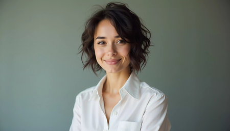 A young professional in a white shirt stands showcasing a warm smile in a contemporary office environment filled with soft, ambient light. Cute brunette with beautiful bob haircut. Generative AI.の素材