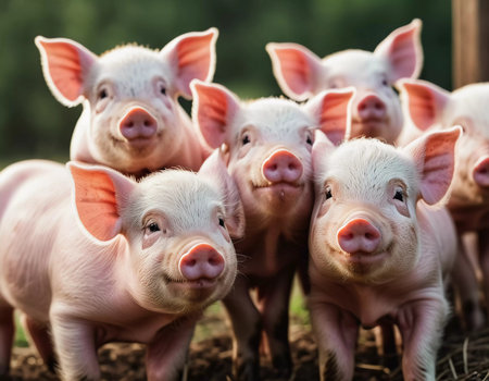 Adorable piglets stands together, their curious faces expressing playful energy under the warm sunlight. Playful nature in a sunny farmyard setting. Cute piglets gathered together. Generative AI.の素材
