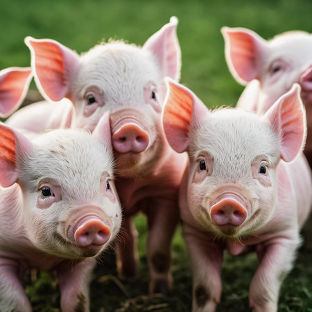 Adorable piglets stands together, their curious faces expressing playful energy under the warm sunlight. Playful nature in a sunny farmyard setting. Cute piglets gathered together. Generative AI.の素材