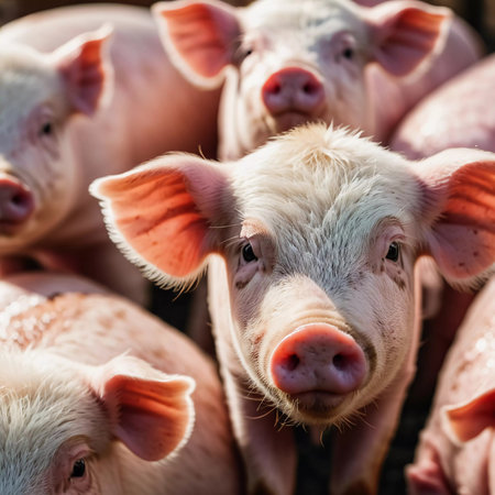 Adorable piglets stands together, their curious faces expressing playful energy under the warm sunlight. Playful nature in a sunny farmyard setting. Cute piglets gathered together. Generative AI.の素材