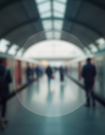 Passengers move through a spacious train station, surrounded by a translucent space background as they await their trains on a bright morning, blending into the atmosphere. Generative AI.の素材