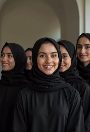 A diverse group of Muslim women in colorful hijabs stands confidently together. They share smiles and camaraderie enjoying a moment of togetherness and happiness. Beautiful young women. Generative AI.の素材