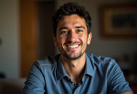 A cheerful young man from Israel radiates happiness in a warm, inviting indoor space. His genuine smile lights up the room, reflecting a moment of connection and contentment.の素材
