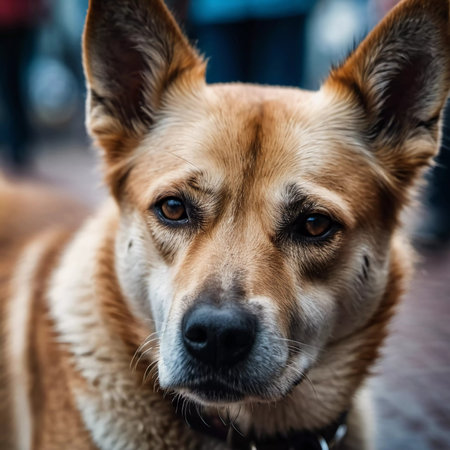 A curious dog stands prominently in the foreground, watching lively street activity. The sun sets softly, casting warm hues over the scene, filled with people and bustling shops.の素材
