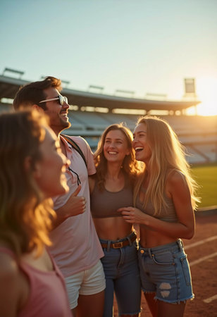 A group of friends share joyous laughter while standing close together in a sports stadium at sunset. The vibrant atmosphere reflects their carefree spirit as they create lasting memories together.の素材