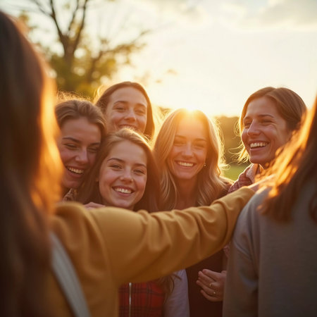 A cheerful group of friends captures the essence of joy as they laugh together, basking in the warm glow of the sunset during their unforgettable journey.の素材