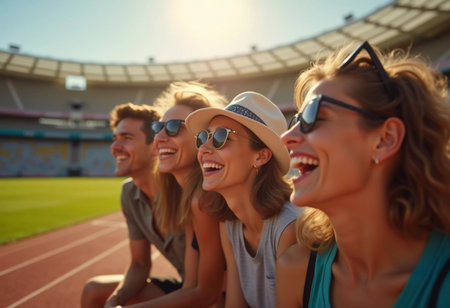 Four friends gather in a sport stadium, basking in the sunlight. Their laughter fills the air as they capture memories together, enjoying each other's company on this vibrant dayの素材