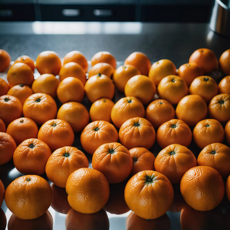 A vibrant collection of freshly harvested oranges is artfully arranged on a shiny countertop. The warm sunlight highlights their bright orange skins, inviting a sense of freshness and vitality.の素材