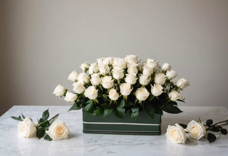 A stunning bouquet of fresh white roses elegantly arranged on a smooth marble table. The soft, delicate petals evoke feelings of purity and romance, ideal for celebrations.の素材
