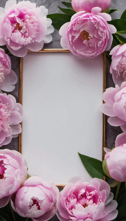 Soft pink peonies create a beautiful border around an empty postcard, perfect for sharing warm thoughts and memories on a lovely spring day.の素材
