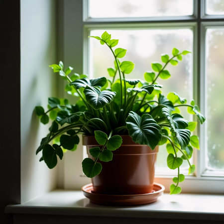 Sunlight filters through the window, illuminating lush green foliage of a thriving houseplant on a warm wooden windowsill, creating a serene indoor oasis of tranquility.の素材