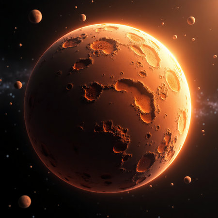 In the vastness of space, a stunning view reveals Mars, its cratered surface glowing under the light of distant stars. Surrounding planets add to the cosmic beauty at twilight.の素材