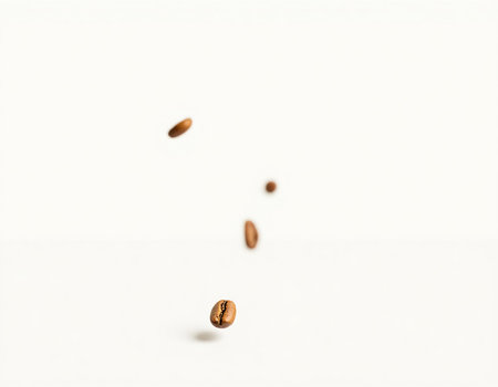 Coffee beans gracefully cascade in mid-air, highlighting their rich texture and deep color against a bright white background, evoking warmth and aromatic pleasure.の素材