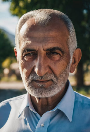 An elderly man with a distinguished beard stands in a sunlit setting, reflecting on life amidst the lush greenery of the Armenian countryside, exuding wisdom and tranquility.の素材