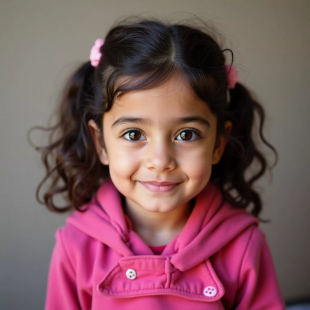 In Gaza, a young girl with curly hair and a pink hoodie radiates joy. Her playful smile and sparkling eyes capture the essence of childhood in a vibrant, close-knit community.の素材