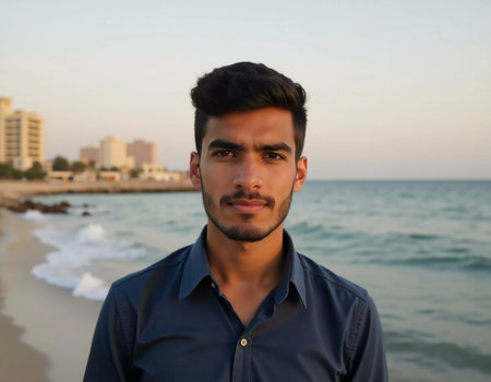 With the waves lapping gently at his feet, a young man gazes towards the horizon in Gaza. The setting sun casts a golden light, symbolizing the strength and dreams of the community.の素材