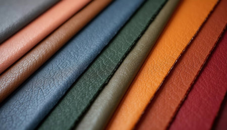 A beautiful array of artificial leather samples in shades like deep green, warm orange, and rich burgundy showcases the versatility of material design.の素材