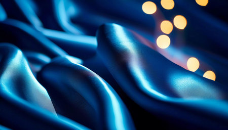 Soft, luxurious blue fabric sprawls across the surface, forming gentle folds and curves. Bokeh lights twinkle softly in the background, enhancing the tranquil ambiance of the setting.の素材