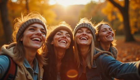 Four friends share joy and laughter while embracing the warmth of autumn. Surrounded by brilliant foliage, their adventure captures the essence of friendship and exploration.の素材
