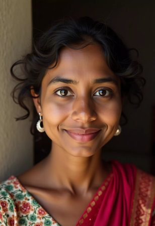 A joyful expression radiates from a young Indian woman dressed in vibrant traditional attire, standing at her home entrance. Her curly hair adds charm to her captivating smile.の素材