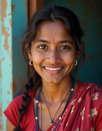 A young Indian woman dressed in a beautiful red sari stands in a doorway, her radiant smile reflecting the warmth of her surroundings, captured in a moment of pure joy.の素材