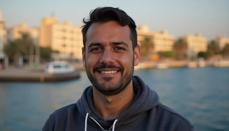 A joyful man stands by the water's edge in Gaza, Palestine, with soft sunlight illuminating his face as he smiles. The tranquil setting captures an essence of peace and happiness.の素材