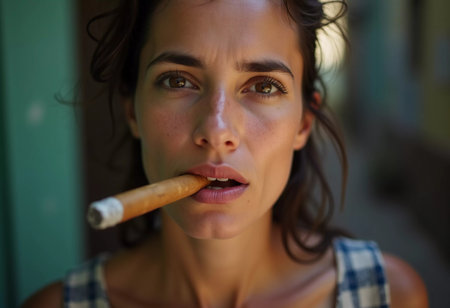 In a lively Cuban neighborhood, a beautiful young woman exudes confidence while holding a cigar in her mouth, capturing the spirit of her colorful surroundings and culture.の素材