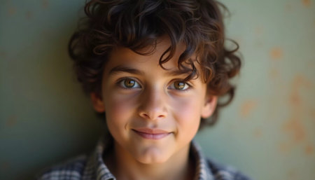 A young Yemeni boy stands confidently, showcasing his curly hair and bright eyes, radiating joy in a cozy, warm environment enriched by unique textures.の素材