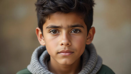 In a vibrant corner of Yemen, a young boy stands with determination, his deep, expressive eyes reflecting the rich history of his homeland and the spirit of its people.の素材
