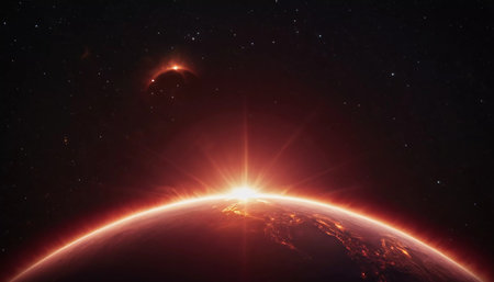 A cosmic dawn breaks over a distant planet, casting a warm glow across its surface as celestial bodies drift in the dark expanse of space.の素材