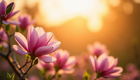 Delicate magnolia flowers, their soft pink petals radiant in the morning sun, awaken the garden with vibrant hues. Bathed in golden light, each blossom seems to dance with joy as the day begins. AI.の素材