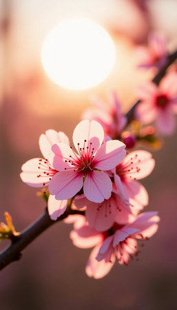 In a serene moment of spring, delicate sakura flowers unfurl their petals, catching the first light of a sunny morning. The blossoms are alive with vibrant shades of pink, creating a breathtaking contrast against the soft, golden sun rising in the background. This enchanting display of nature invites one to breathe in the fresh floral scent and feel the warmth of new beginnings. It embodies the essence of spring's beauty and tranquility.の素材