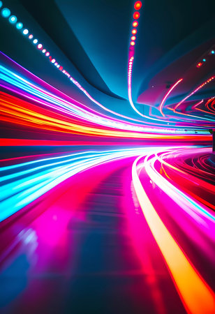 Bright luminescent lines flow dynamically, creating a wave of vivid colors that swirl together in a captivating dance. The atmosphere is alive with energy and creativity.の素材