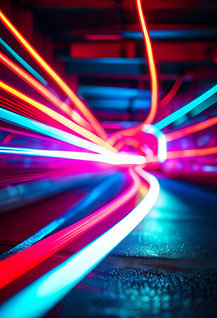 Brilliant lines of light intersect and swirl, forming a captivating display of colors. This luminous abstraction invokes a sense of movement and energy in a dynamic environment.の素材