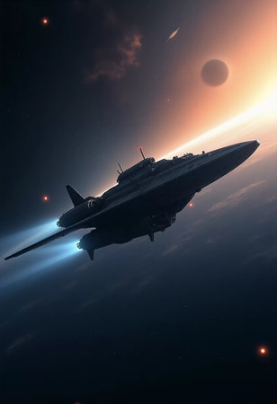 In the vast expanse of the universe, spaceships soar through cosmic realms, propelled by brilliant engines toward distant galaxies and celestial mysteries, illuminated by starlight.の素材