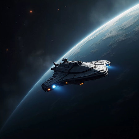In the depths of space, advanced ships glide through the universe, illuminating the dark expanse as they explore distant planets and cosmic wonders, seeking the unknown.の素材