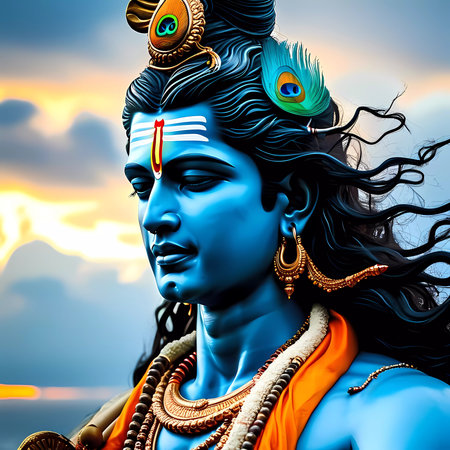 A magnificent statue of Shiva stands against a colorful sunset, radiating serenity and power.の素材