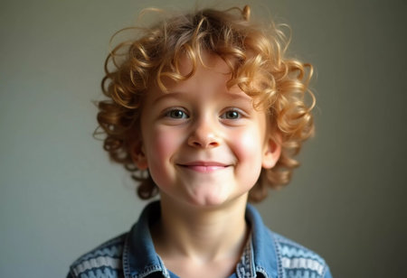 A cheerful blond curly boy beams with happiness as he smiles warmly. The soft light captures the joy of childhood in a cozy indoor space, filled with warmth and love.の素材