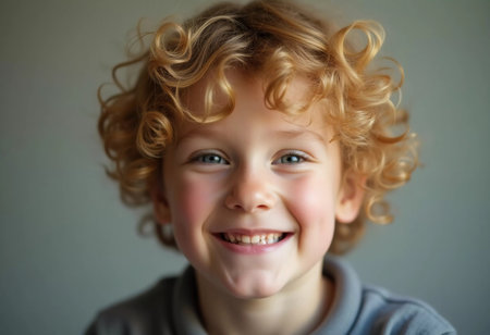 In a warm and inviting indoor space, a young blond boy with curly hair exudes happiness with his radiant smile, capturing the essence of childhood joy on a sunny day.の素材