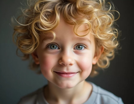 A cheerful young boy with golden curly hair and sparkling blue eyes beams with joy.の素材