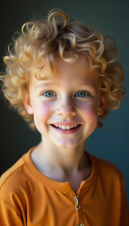 A cheerful blond curly boy beams with happiness, showcasing his bright blue eyes and joyful expression. He stands in a softly lit room, radiating warmth.の素材