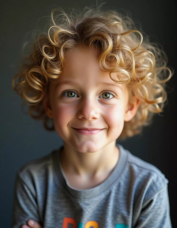 A cheerful blond curly boy with sparkling blue eyes stands in a cozy corner, portraying joy and innocence. His playful spirit shines brightly, captivating all around him.の素材