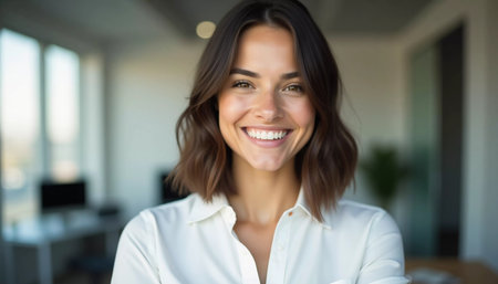 In a modern bank office, a brunette woman with a warm smile engages with clients, showcasing her professionalism and dedication to excellent service.の素材