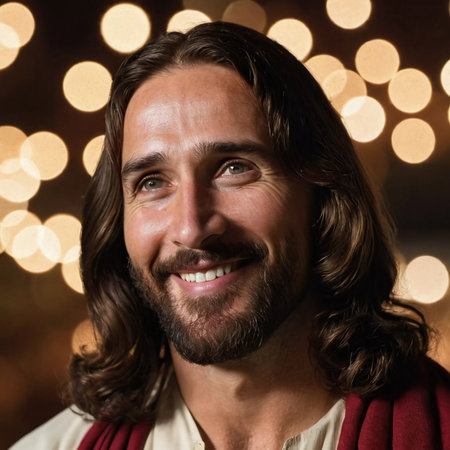 A warm and inviting smile lights up the face of Jesus Christ, illuminated by soft, shimmering lights that create an ethereal ambiance in the background. Spiritual serenity abounds.の素材
