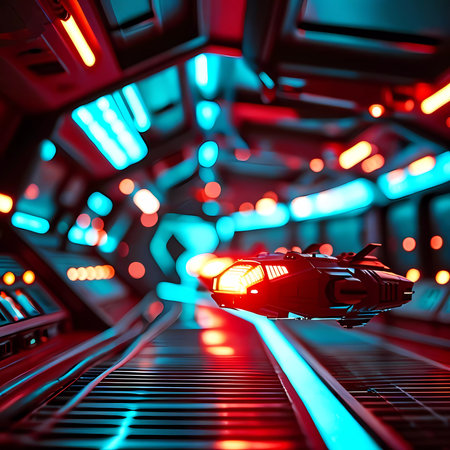 Futuristic spaceships glide smoothly along illuminated tracks within a high-tech corridor, surrounded by glowing lights that pulse in hues of blue and red, hinting at adventure beyond.の素材