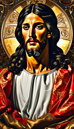 An artistic representation of Jesus Christ showcases his solemn expression, surrounded by a radiant golden halo.の素材