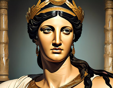 Aphrodite stands majestically in an ornate setting, her golden crown gleaming. The warmth of the sunset highlights her stunning features, symbolizing love and beauty throughout history.の素材