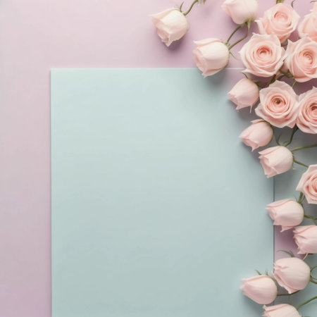 Soft pastel roses elegantly frame a blank card space against a light pink background, inviting personal notes or artistic expressions in a tranquil setting.の素材