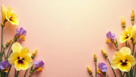 Delicate pansies display vibrant yellow and purple petals blooming harmoniously against a gentle peach background, capturing the essence of spring's awakening in a joyful display.の素材