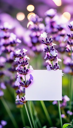 Vibrant lavender flowers stand tall, creating a serene atmosphere, while a blank note rests among the blossoms, inviting messages and thoughts during sunset.の素材